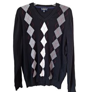 Black Cotton Argyle V Neck Sweater Men Size XL Preppy Collegiate